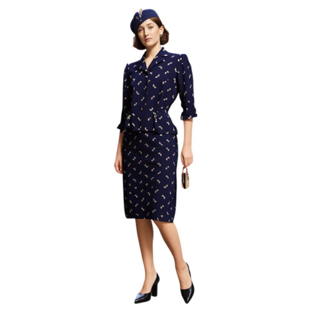 Vintage Handmade 60s 2 Piece Navy Cream Print Dress & Peplum Blazer Size M